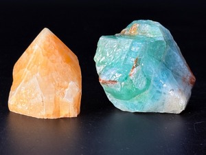 Vibrant Calcite Duo Polished Orange Tower &amp Raw Green Chunk. (8.8 oz  251 g)
