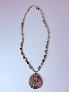 Handcrafted Turritella Agate Fossil &amp Mixed Gemstone Beaded Pendant Necklace