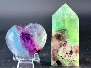 Stunning Rainbow Fluorite Duo  Polished Heart &amp Vibrant Feathered Tower. (8.9 oz  253 g)