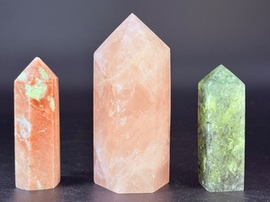 Trio of Natural Crystal Towers Sunstone, Rose Quartz, &amp Prehnite with Epidote. (1 lb 3.6 0z  558 g)
