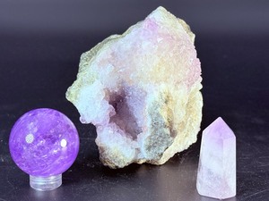 Amethyst Crystal Trio Sphere, Raw Cluster, and Polished Point. (1 lb 8.4 oz  &nbsp694 g)
