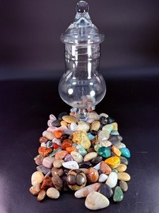 Vintage Footed Glass Apothecary Jar with Assorted Polished Gemstones, including-Malachite,&nbspSeptarian, Dalmatian, &amp bumblebee Jasper, Amethyst, Carnelian, just to name a few. (5 lbs 11.5 oz  2 kg 597 g)
