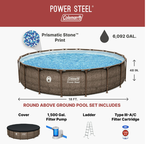 Coleman Power Steel 18 ft. x 48 in. Round Metal Frame Above Ground Pool Set Includes Cover, Filter Pump, Ladder, & Filter Cartridge