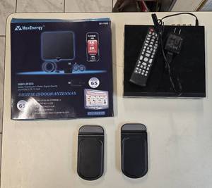 lot 97 image: Max Energy Digital indoor Antennas, DVD Player and Phone chargers