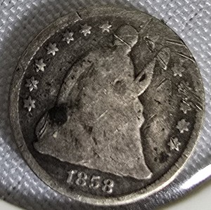lot 7 image: 1858 Seated Liberty Half Dime
