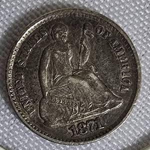 lot 9 image: 1871 Seated Liberty Half Dime Type 4, with a legend on the obverse.