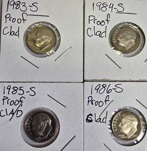 lot 32 image: Rosevelt Dimes Proof Clad coins from 1983 to 1986 were made at the San Francisco mint.