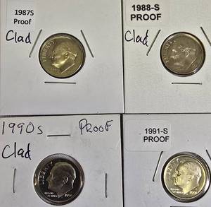 lot 33 image: Roosevelt Dimes Proof Clad coins from 1987,1988,1990 & 1991 were made at the San Francisco mint.