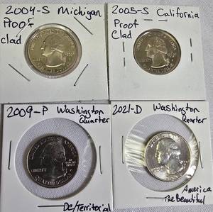 lot 54 image: Proof clad Washington Quarters from the years 2004,2005,2009 & 2021.