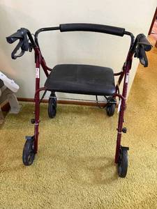 lot 8 image: Rollator Walker - 4-Wheel with Seat & Backrest, Burgundy Frame