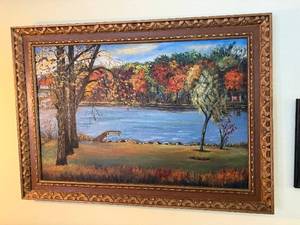 lot 12 image: Autumn Lake Landscape by Alice P. - Oil on Canvas, Framed 30 x 42 in