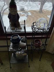lot 15 image: Gnome Garden Statue - Glass Globe on Iron Plant Stand - Ceramic Pots - Garden Decor