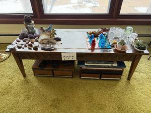 lot 19 image: Wooden Console Table with 4 Drawers - 48 in W x 19 in D x 14 in H - table only contents not inc