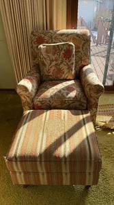 lot 23 image: Armchair with Floral Upholstery & Matching Striped Ottoman
