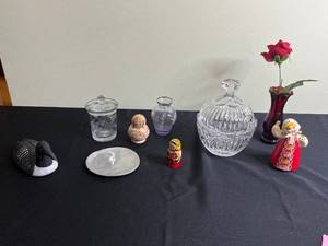 lot 27 image: F. Carpenter 1973 Wooden Duck Decoy Russian Nesting Dolls Crystal Candy Jar Vintage Glassware