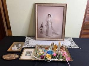 lot 33 image: Vintage Wedding Portrait in Ornate Frame, Vanity Tray With Perfume Bottles & Photo Frames