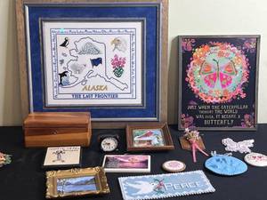 lot 34 image: Alaska The Last Frontier Needlepoint Map - Framed Wall Art & Butterfly Print