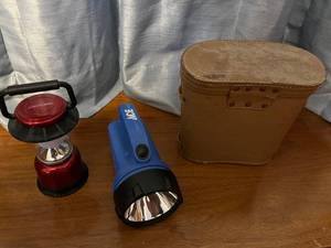 lot 48 image: Binoculars, ACE Blue Handheld Spotlight - Red Camping Lantern & Leather Carry Case