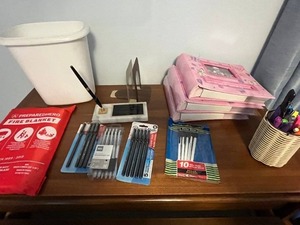 lot 52 image: 3 Pink Butterfly Photo Albums - Fire Blanket - Pens