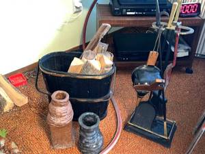 lot 60 image: Vintage Black Wood Bucket with Logs, Stoneware Jugs & Clamp Stand - Rustic Workshop Decor