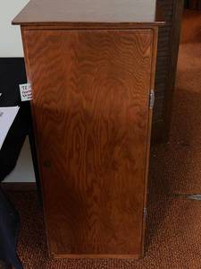 lot 73 image: Vinyl Record Cabinet - Oak Wood, 39 in H x 17 in W x 15 in D - contents not inc