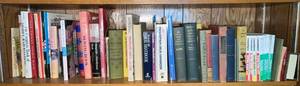 lot 90 image: Books - Assorted Reference, Bible & Language Titles on Wooden Shelf