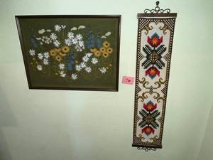 lot 96 image: Framed Floral Painting & Beaded Wall Hanging