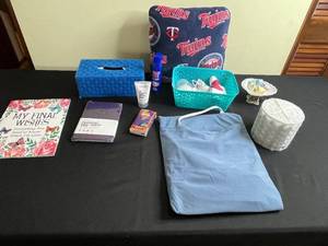 lot 102 image: Assorted VTG Household & Personal Care Items - TWINS Pillow, My Final Wishes Book, Kleenex Tissues Holder, Soap Holder