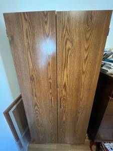lot 107 image: Wooden Two-Door Wardrobe Cabinet with Shelves - Craft Supplies Inside