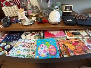 lot 108 image: Assorted Holiday Decor & Party Supplies - Napkins, Gift Wrap, Stockings, Tape