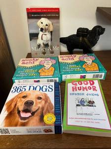 lot 112 image: Dog-Themed Gift Bundle w Metal Black Dog Figurine, Marley & Me, Aunty Acid Calendars, 365 DOGS Calendar, Good Humor Jokes, Tote Bag