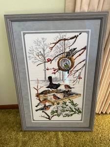 lot 113 image: Birds on Branches Needlepoint Framed Wall Art - Winter Bird Feeder Scene