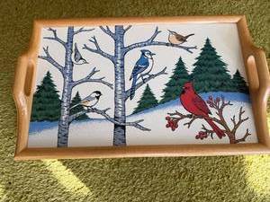 lot 120 image: Serving Tray - Winter Birds Scene with Cardinal & Bluebird, Wooden Frame