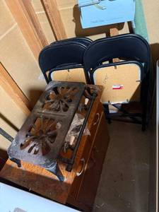 lot 135 image: Royal 2-Burner Cast Iron Gas Stove Top - Floral Burner Grates, 4 Folding Chairs, Wooden Cabinet w Contents