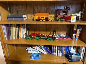 lot 144 image: Vintage Toy Trains and Travel Guides Collection - Wooden Trains, Carriages, Books - Bookcase Not Inc