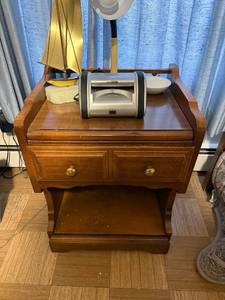 lot 154 image: Vintage Wood Nightstand End Table - 2 Drawers, Lower Shelf Only - contents not inc