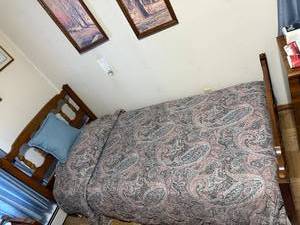 lot 155 image: Twin-Size Wooden Bed Frame with Ornate Headboard & Footboard - Dark Wood - Mattress Not Inc