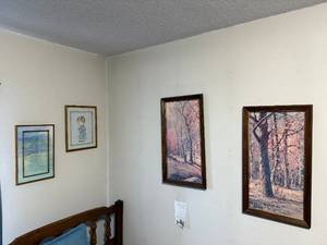 lot 159 image: Robert Woods Forest Tree Prints - 2 Tall Vertical Frames & Serenity Prayer & Amen Cross-Stitch