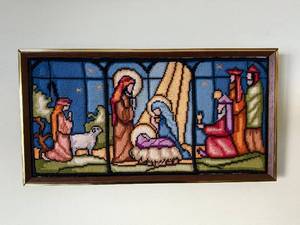 lot 160 image: Framed Nativity Scene Needlepoint Wall Art - Stained-Glass Mosaic