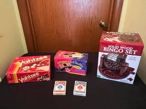 lot 166 image: Solid Wood Bingo Set - Yahtzee Board Game - Card Shuffler (2 Decks) - Bicycle Cards (Standard)