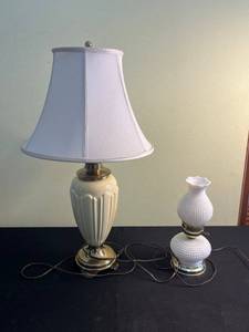 lot 192 image: Vintage Table Lamps - Stiffel & Hobnail White Glass & Fluted Ceramic Base