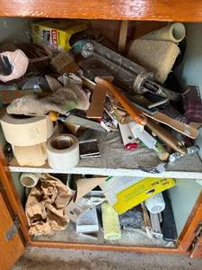 lot 209 image: Assorted Painting Tools & Supplies - Tape, Rollers, Sanding Pads, Brushes
