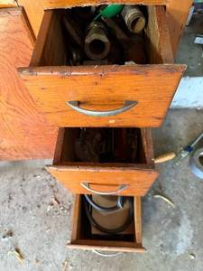 lot 211 image: Assorted Plumbing Fittings & Hardware in Wooden 3-Drawer Cabinet - cabinet not inc