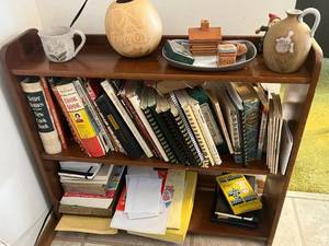 lot 217 image: Shelving Unit w Books & Decor Inc Betty Crocker New Picture Cook Book & The Joy of Cooking - Vintage Cookbooks & Wine Guide 2004
