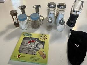 lot 219 image: Assorted Salt & Pepper Shakers, Glass Jars & Candlesticks - Vintage Kitchen Decor