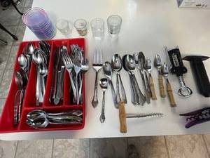 lot 222 image: Flatware Set - Bone-Handled & Wood-Handle Silverware, Corkscrew & Glass Bowl