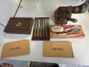 lot 228 image: Lot of Steak Knife Sets Inc Mode Danish 8-Piece Steak Knife Set in Wood Box