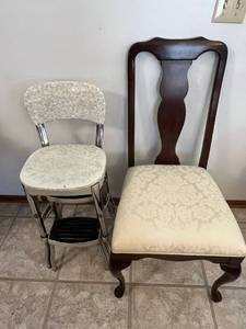 lot 234 image: Vintage Cream Floral Upholstered Chairs - Wood Dining Chair & Chrome Folding Stool (Lot of 2)