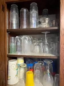 lot 236 image: Assorted Glassware - Clear Drinking Glasses & Stemware in Cabinet