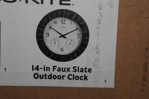 lot 12 image: 14 Faux-Slate IndoorOutdoor Wall Clock with Thermometer